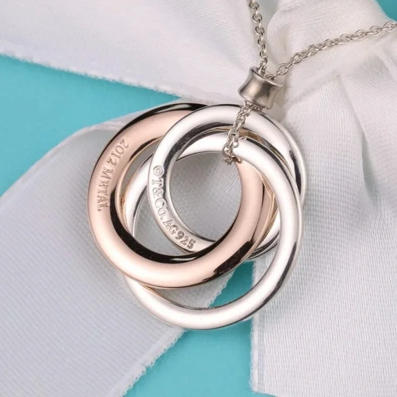 Tiffany & Co. 1837 Interlocking Circles Necklace Rubedo Rose Gold and Silver 18” - Picture 3 of 9